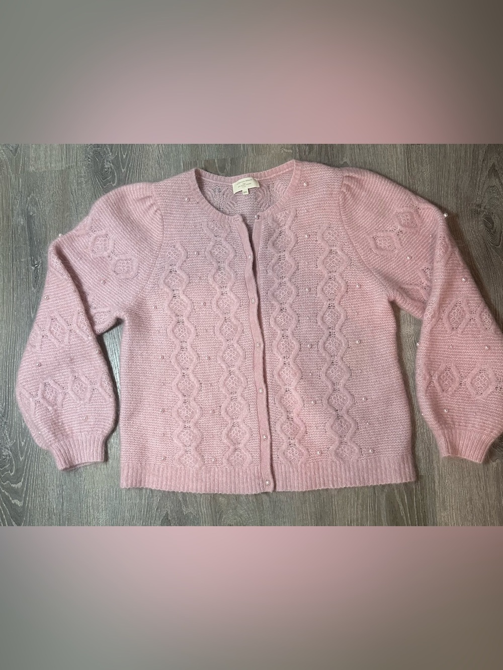 Sezane Dusty Pink Pearl-Embellished Cable Cardigan